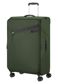 Valise rigide verte avec surface texturée, roues doubles, poignée rétractable, poche zippée à l'avant et verrou à combinaison.
