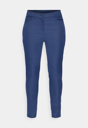 Marineblaue Hose aus glattem Stoff mit schlankem Schnitt, ausgestattet mit Fronttaschen, einem Knopfverschluss und einem klassischen Taillendesign.