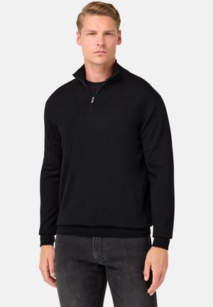 Sort quarter-zip pullover sweater i glat strikstof, med høj krave, ribbede manchetter og figursyet talje.