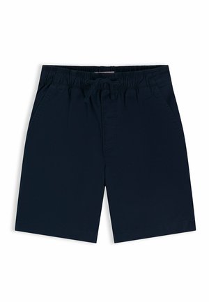 Pantalones cortos para hombre en azul marino con cintura elástica, cordón en la parte delantera, bolsillos laterales y corte de pierna recta sobre fondo blanco.