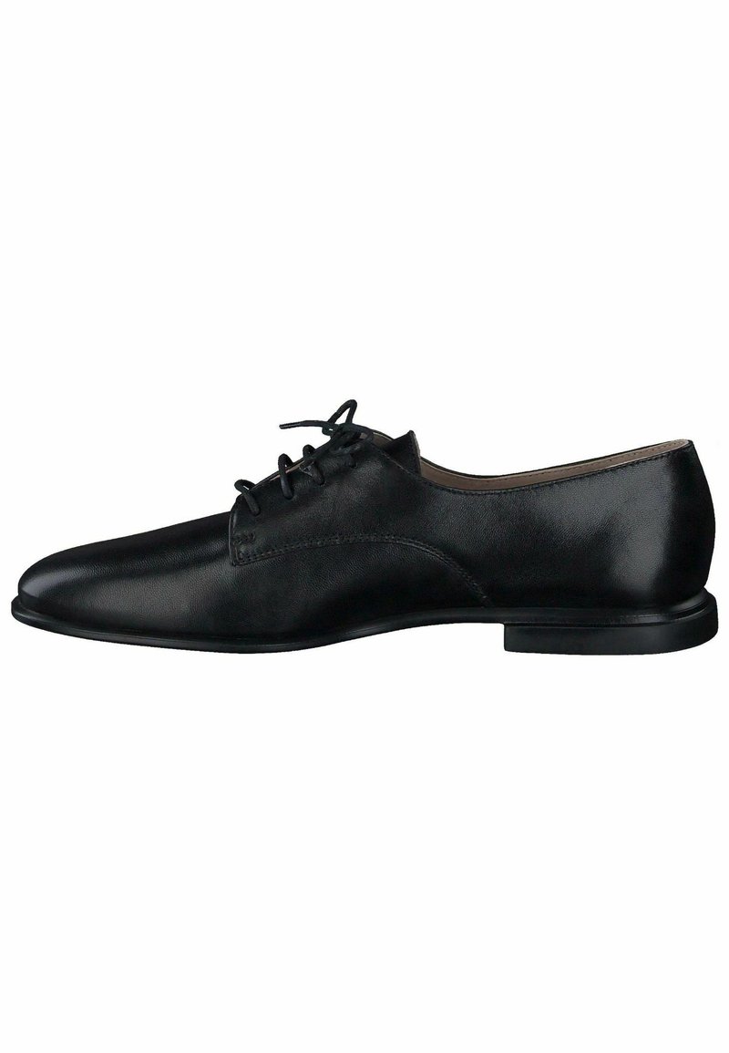 Scarpa da dress nera in pelle con una superficie liscia, design con lacci, punta arrotondata e suola piatta in gomma. Stile minimalista con dettagli di cucitura sottili.
