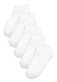 Chaussettes blanches en coton, type crew, avec une texture lisse, un bout arrondi et des bords élastiques. Paquet de cinq, avec un design simple sans motifs.
