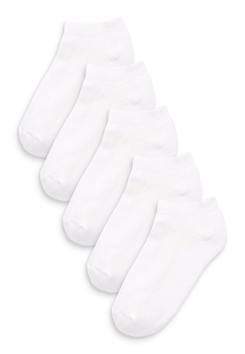 Chaussettes blanches en coton, type crew, avec une texture lisse, un bout arrondi et des bords élastiques. Paquet de cinq, avec un design simple sans motifs.