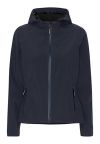 Navyblauwe ritsjack met een capuchon, twee zijzakken en een gladde textuur. Het ontwerp heeft een slanke, getailleerde pasvorm.