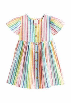 Mehrfarbig gestreiftes Kleid mit kurzen Ärmeln, aus Baumwollmaterial, rundem Ausschnitt, Knopfleiste vorne und einem gerafften Rock für eine ausgestellte Silhouette.