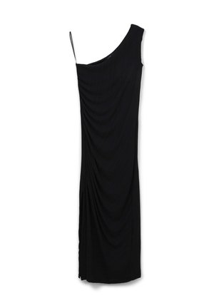 Schwarzes Ein-Schulter-Kleid mit drapierter Gestaltung, aus glattem Stoff gefertigt, mit geraffter Textur und einem Seitenschlitz für Bewegungsfreiheit.