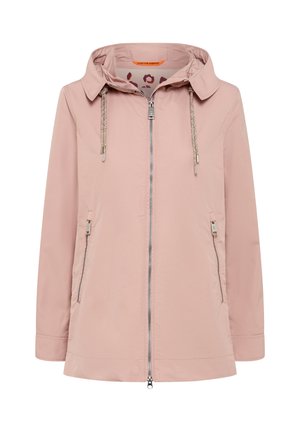 Light pink hooded jacket with front zipper, drawstrings, and zippered side pockets, designed for everyday wear.