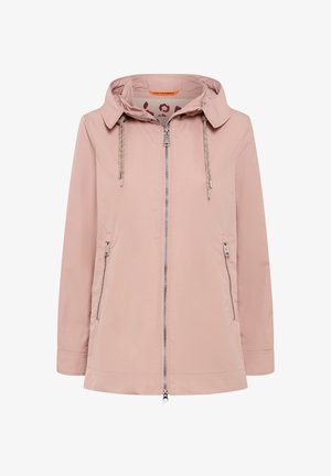 Light pink hooded jacket with front zipper, drawstrings, and zippered side pockets, designed for everyday wear.
