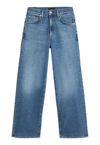 Jean en denim bleu clair avec une coupe droite, design à cinq poches, fermeture par bouton et passants pour ceinture, présenté à plat sur un fond blanc.