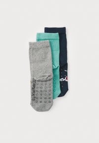 Three pairs of socks: grey with dots, teal ribbed, and navy with a design. Made of soft material with a comfortable fit.