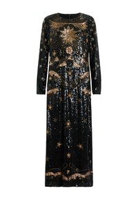 Rochie lungă neagră din mărgele cu modele celestiale aurii, având mâneci lungi, decolteu rotund și un croi drept. Fermuar la spate.