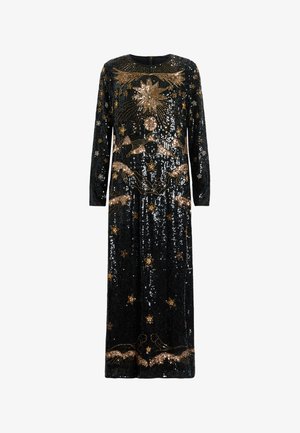 Long black sequined dress with gold celestial patterns, featuring long sleeves, round neckline, and a straight cut. Zipper at the back.