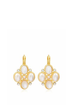 Boucles d'oreilles dorées avec quatre perles blanches ovales formant une croix et de petits cristaux ronds entre elles, avec fermoirs à levier.
