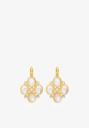 Boucles d'oreilles dorées avec quatre perles blanches ovales formant une croix et de petits cristaux ronds entre elles, avec fermoirs à levier.