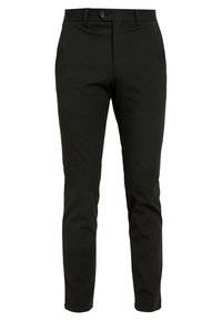 Mustat räätälöidyt housut, jotka on valmistettu sileästä kankaasta. Niissä on nappikiinnitys, vyölenkit ja slim fit -malli. Minimalistinen tyyli ilman taskuja.