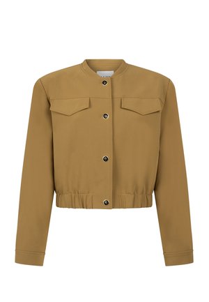Gekürzte, beige Jacke mit langen Ärmeln, Druckknöpfen auf der Vorderseite, zwei Klappen-Brusttaschen und einem gesammelten Elastikbund.