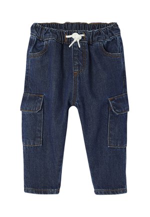 Dunkelblaue Jeanshose mit elastischem Bund und weißem Zugband. Verfügt über zwei Seitentaschen und ein schlankes Design.