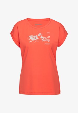 Korallenfarbenes T-Shirt aus weichem Stoff, mit umgeschlagenen kurzen Ärmeln und einem weißen Berggrafik. Markenlogo auf der Vorderseite.