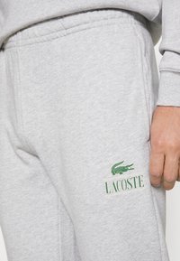 Pilkos medvilnės mišinio sportinės kelnės, turinčios šonines kišenes, su žalios spalvos krokodilo logotipu ir užrašu „LACOSTE“. Minkšta tekstūra, elastingas juosmuo.