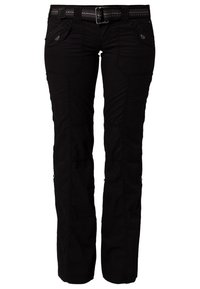 Pantalons cargo noirs avec une coupe droite, plusieurs poches et une ceinture texturée avec un accent au motif. Fabriqués en tissu durable.