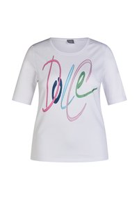 White cotton t-shirt with short sleeves and a rounded neckline, featuring multicolored embroidered "Dolce" text in pink, blue, and green.