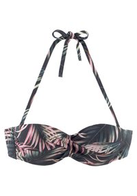 Haut de bikini en tissu noir avec un motif de feuilles tropicales en rose et vert. Inclut un détail de nœud et des bonnets structurés.