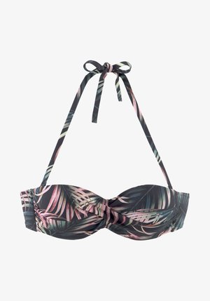 Sujetador de bikini con tela negra que presenta un estampado de hojas tropicales en rosa y verde. Incluye un detalle de cinta atada y copas estructuradas.
