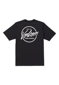 Camiseta negra de manga corta hecha de tela suave, que presenta un gran logo circular blanco con el texto "Volcom" y "STONE COMPANY" en la parte de atrás.
