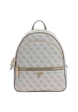 Zaino beige con motivo a logo, dettagli in oro, doppie cerniere e parte superiore arrotondata. Presenta una maniglia superiore e spallacci regolabili.