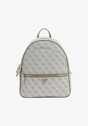 Zaino beige con motivo a logo, dettagli in oro, doppie cerniere e parte superiore arrotondata. Presenta una maniglia superiore e spallacci regolabili.