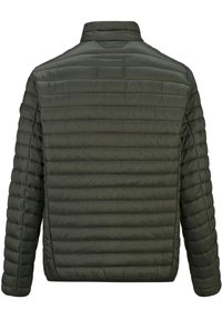 Zateplená bunda tmavě zelené barvy, se šikmým prošíváním, stojáčkem a elastickými manžetami.