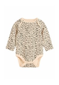Beżowy bodysuit dla niemowląt z długim rękawem w czarno-leopardzi wzór, z zatrzaskami na dole i miękką, gładką fakturą.