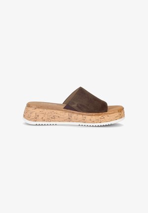 Brown suede slip-on sandal with cork platform sole and white treaded bottom, shown in side profile on white background.