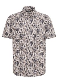 Koszula z krótkim rękawem z kwiatowym wzorem w odcieniach beżu, granatu i bieli, z przodem na guziki i klasycznym kołnierzykiem.