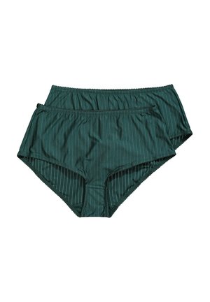 Green striped high-waisted bikini bottoms with soft fabric, elastic waistband, and scalloped edges, featuring vertical pinstripes in gold.