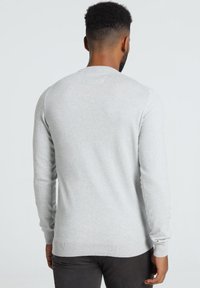 Pull gris clair en tissu maille doux, avec manches longues, encolure ronde et ourlet et poignets côtelés.