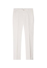 Pantalons en lin blanc avec une coupe droite, dotés de poches avant, de plis et d'une fermeture à bouton. Texture lisse et design léger.