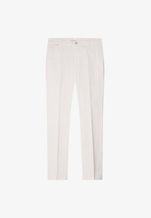 Pantaloni bianchi in lino con vestibilità dritta, caratterizzati da tasche frontali, pieghe e chiusura con bottone. Tessuto liscio e design leggero.