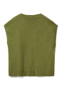 Olivově zelený pletený svetr volného střihu, s žebrovaným lemem a kulatým výstřihem. Bez rukávů, hladká textura s minimálními detaily.