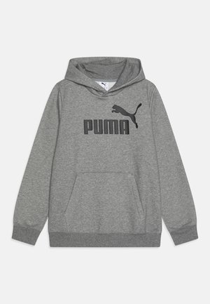 Grauer Kapuzenpullover, Mischgewebe aus Baumwolle, mit Kängurutasche, gerippten Bündchen und einem großen schwarzen PUMA-Logo auf der Vorderseite.