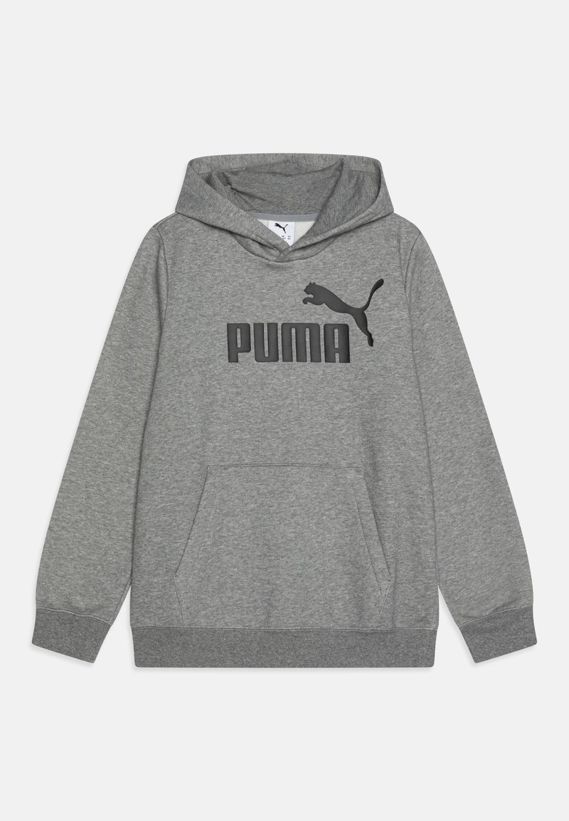 Sweat-shirt à capuche gris, en mélange de coton, doté d'une poche kangourou, de poignets côtelés et d'un grand logo noir PUMA sur le devant.