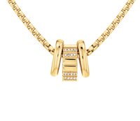 Gold-tone chain necklace featuring a clasp design with three curved segments and a central section adorned with small clear gemstones.