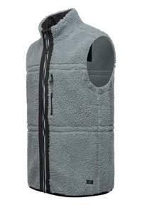 Fleece vest in light gray with a high collar, zippered pockets, and black trim. Textured exterior and sleeveless design.