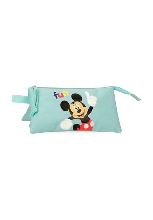 Bolsa azul claro con cremallera que muestra a Mickey Mouse levantando una mano y la palabra "diversión" en letras de colores sobre él.
