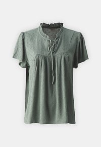 Kurzärmlige, hellgrüne Bluse aus strukturiertem Stoff mit gerafftem Ausschnitt und Krawattendetail, ausgestattet mit erhabenen Punkten und einer lockeren Passform.