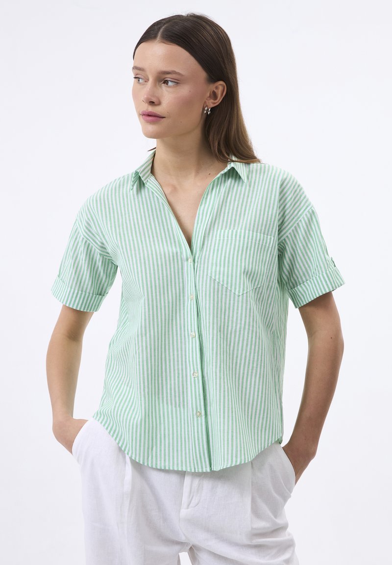 Camisa de manga corta a rayas en verde claro y blanco, con cuello, botones en el frente y un bolsillo en el pecho. Tejido suave con un corte holgado.