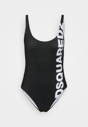 Czarny strój kąpielowy z dekoltem w serek, z fakturowanym wzorem i odważnym białym logo "DSQUARED2" wzdłuż boku. Białe akcenty na krawędziach.