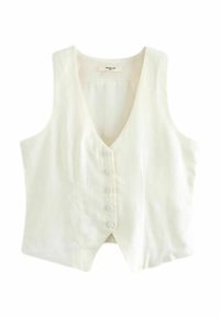 Witte linnen mouwloze vest met een diepe V-hals, voorzien van zes knopen langs de voorkant en een gespleten achterkant aan de zoom.