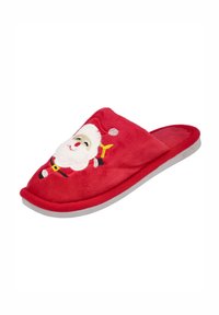 Zapatilla de felpa roja con diseño de cara de Santa; presenta una textura suave y peluda y una suela de goma gris.