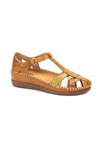 Braune Leder-T-Strap-Sandalette mit goldenen und bronzenen Akzenten, ausgestanzt, mit kontrastierenden Nähten und einer niedrigen Wedge-Sohle.